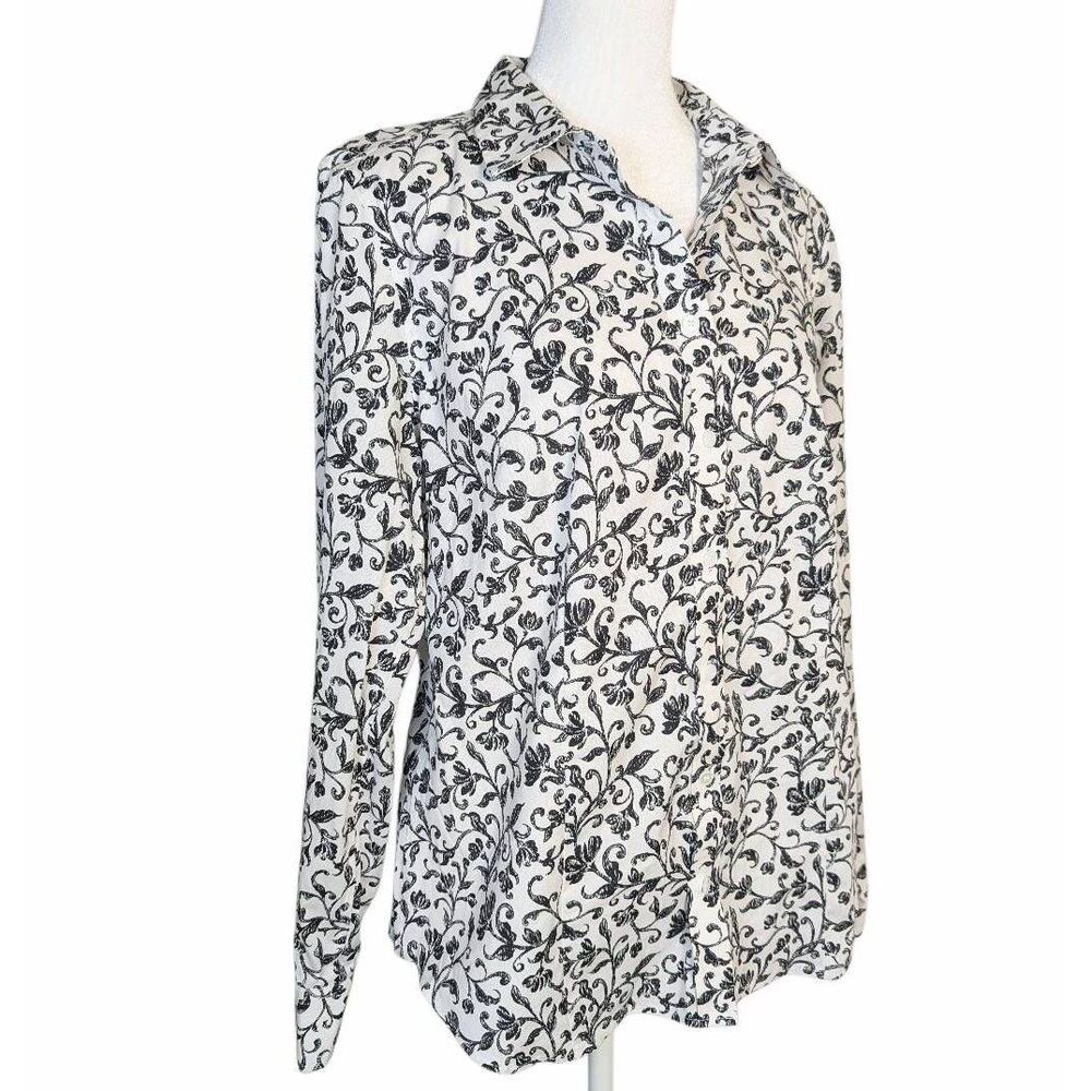 Talbots Black & white scroll floral button down cotton dress shirt womens 10